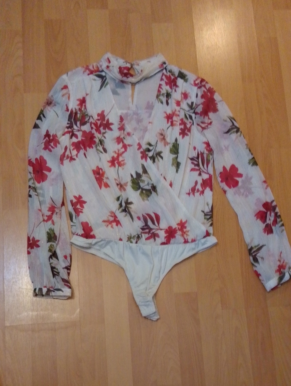 Guess White Floral Wrap-Front Bodysuit with Pink & Green Print